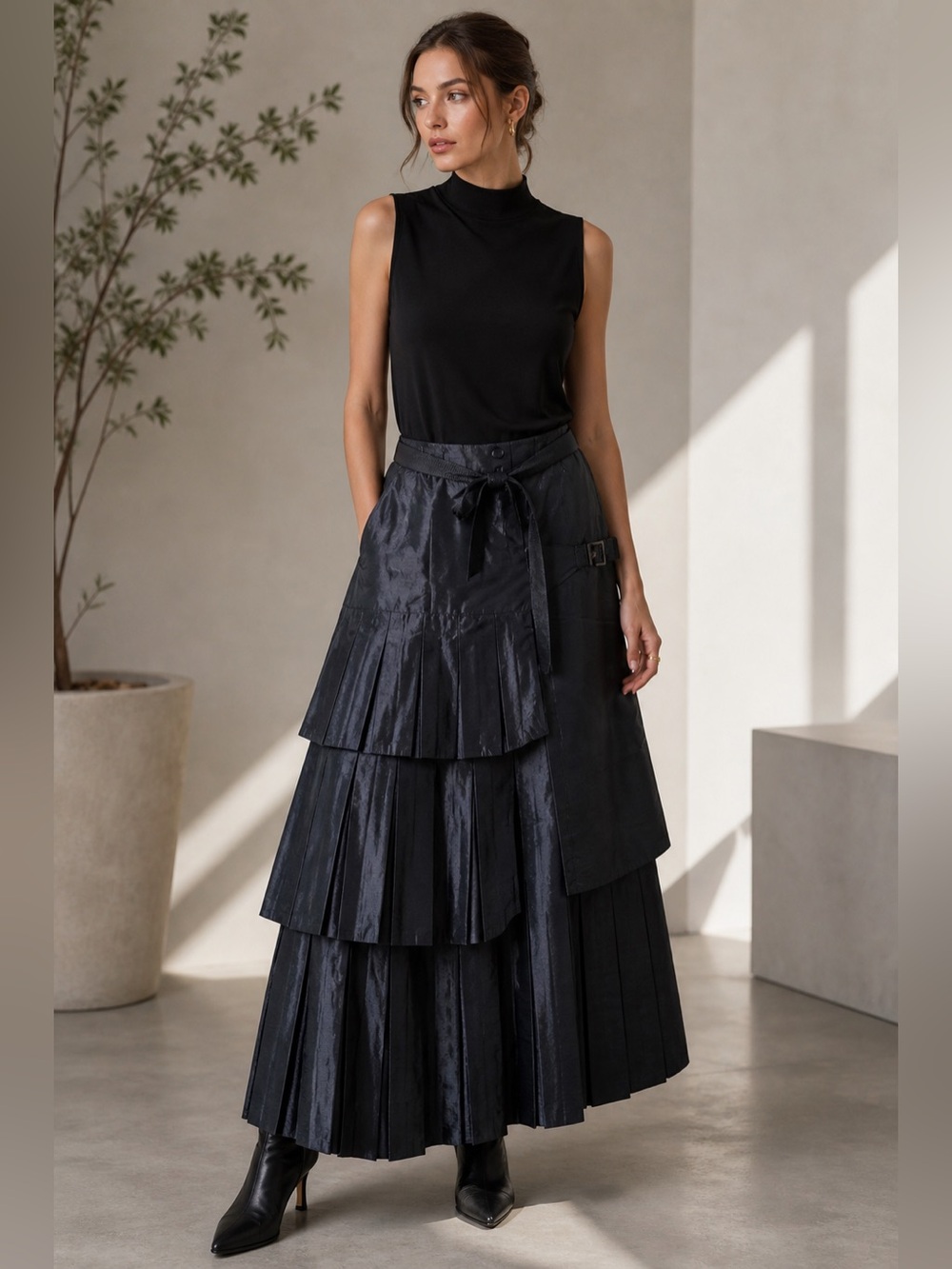 Sigal Dekel Black Layered Pleated Asymmetrical Maxi Skirt Size Medium
